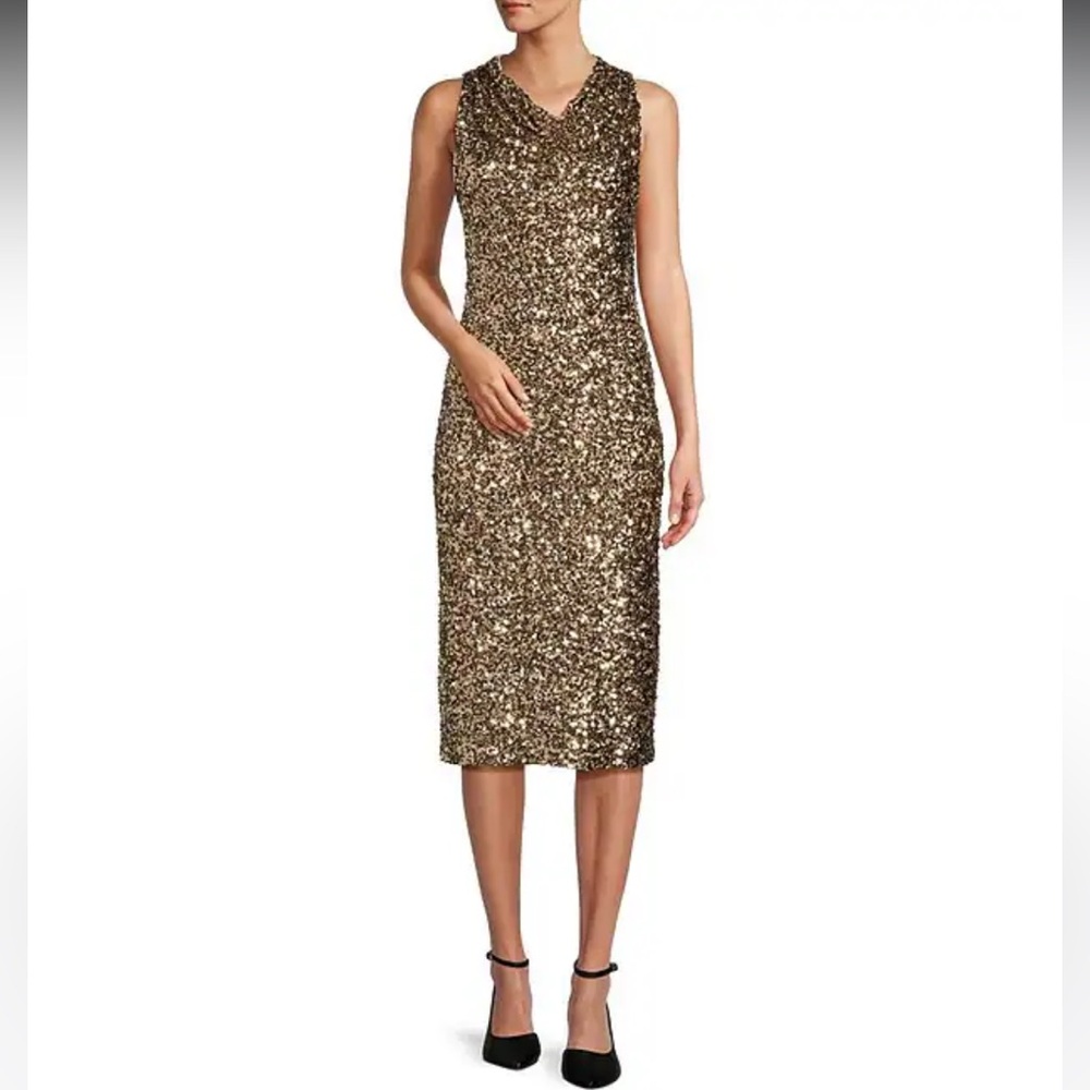 NWT Antonio Melani
Phoenix Novelty Sequin Cowl Neck Sleeveless Midi Dress